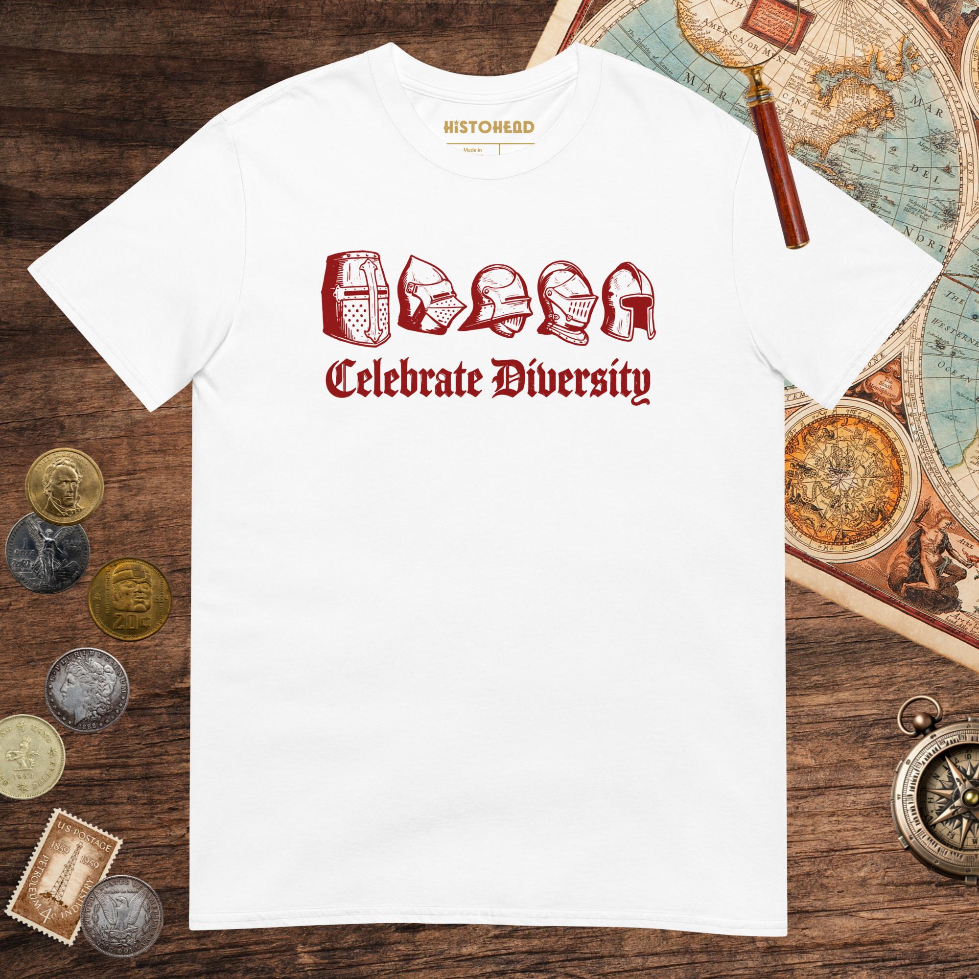 White Celebrate Diversity Medieval Helmets Edition Tee - history buff gift by HistoHead