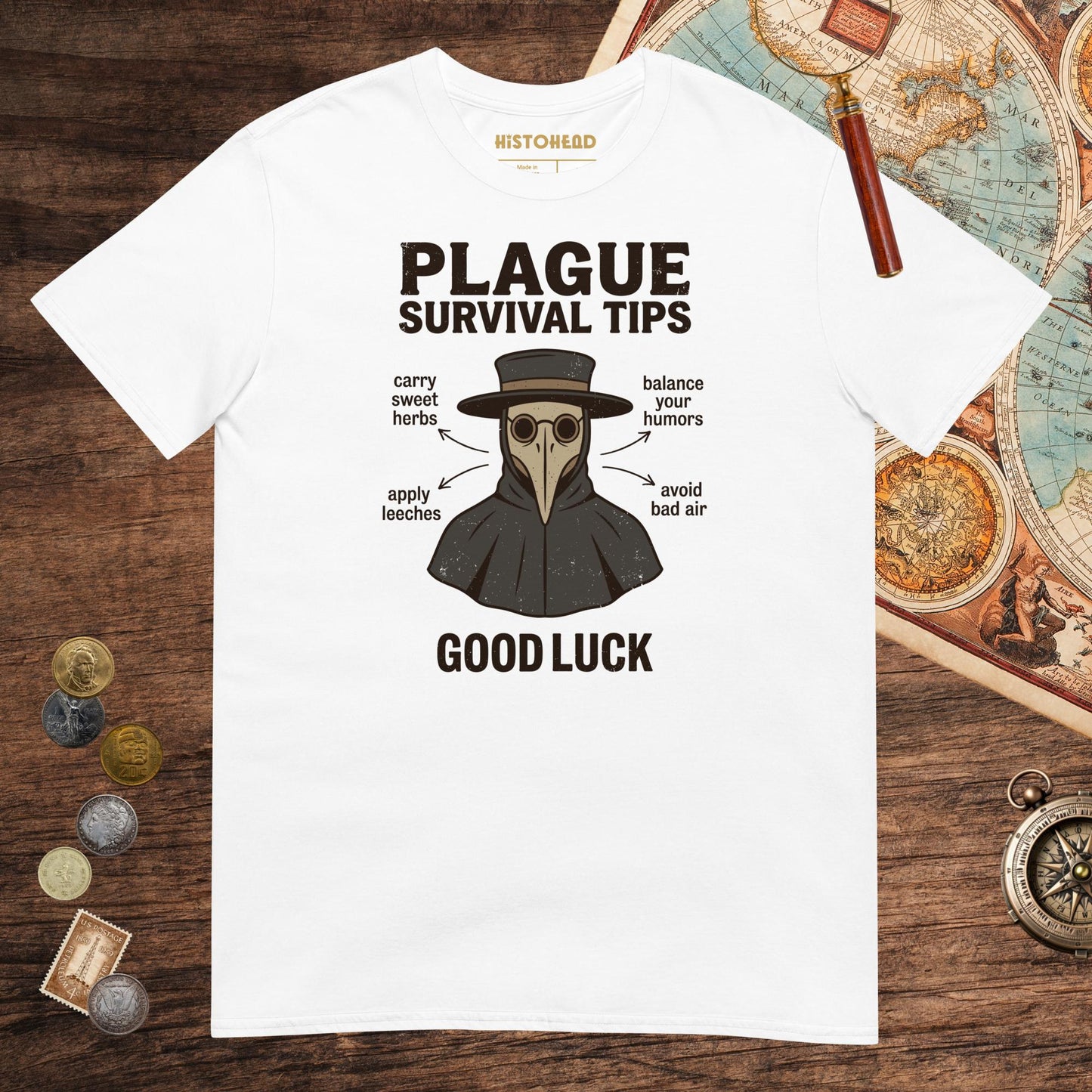 White Plague Survival Tips Tee - history buff gift by HistoHead