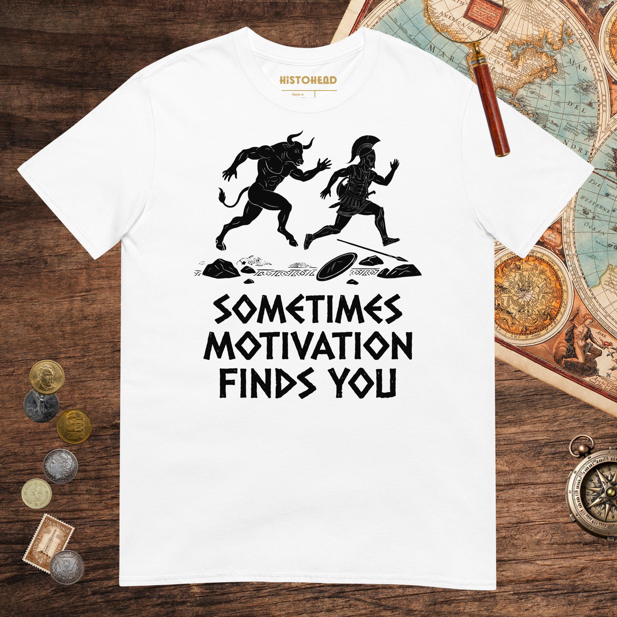 White Motivation Finds You Minotaur Edition Tee - history buff gift by HistoHead