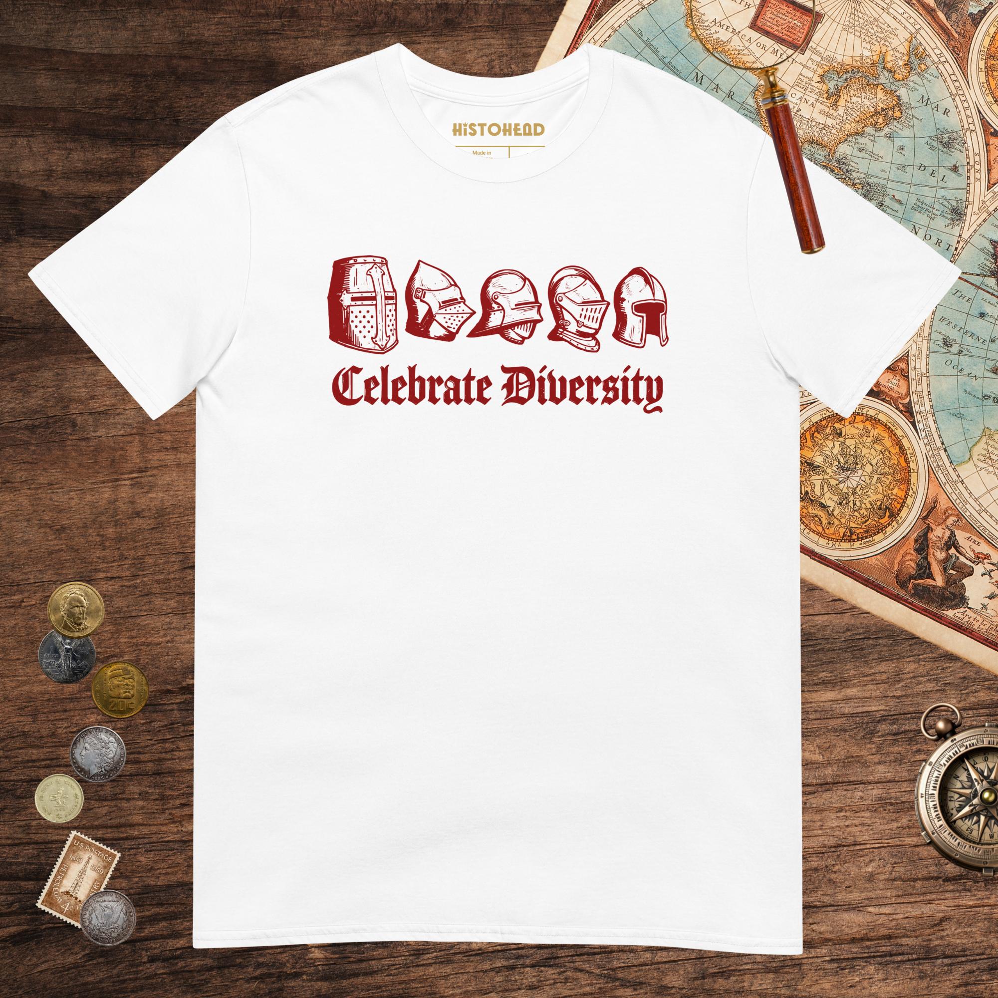 White Celebrate Diversity Medieval Helmets Edition Tee - history buff gift by HistoHead