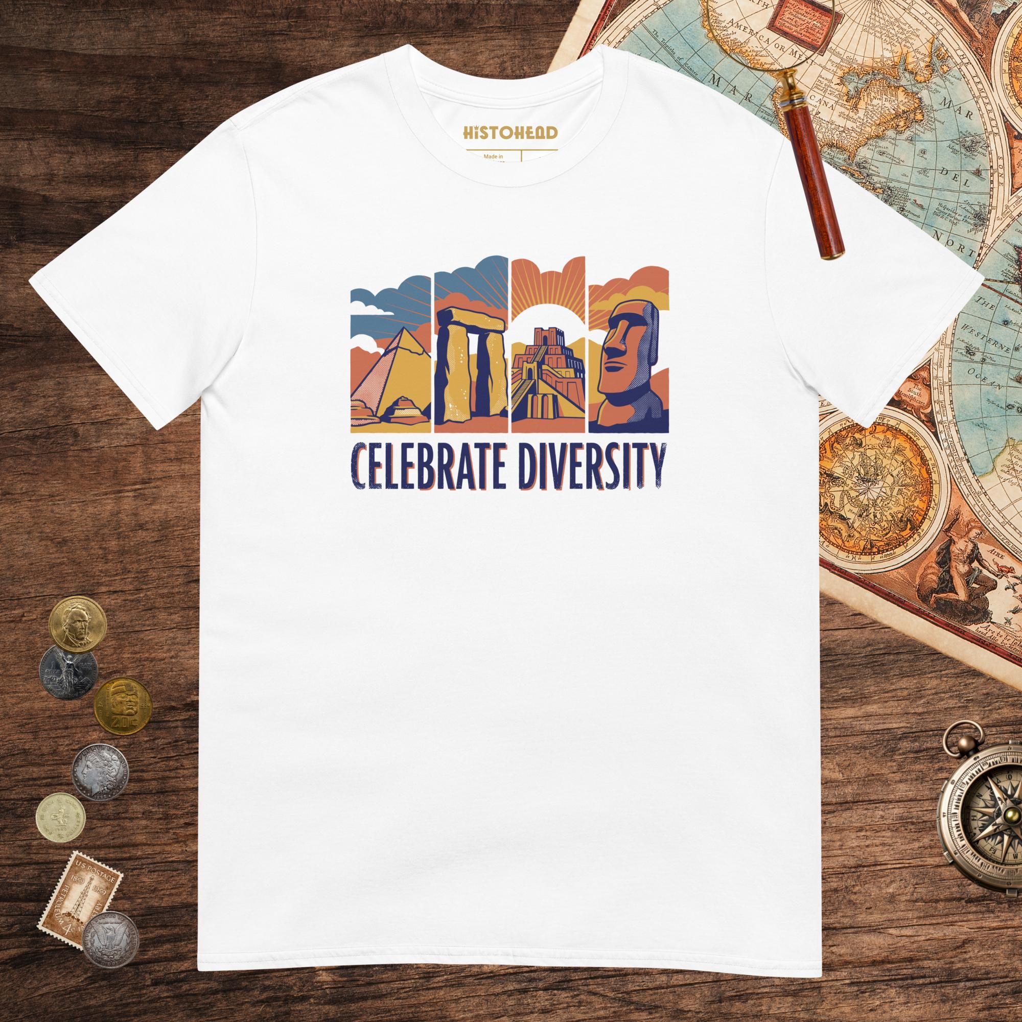 White Celebrate Diversity Stone Wonders Edition Tee - history buff gift by HistoHead