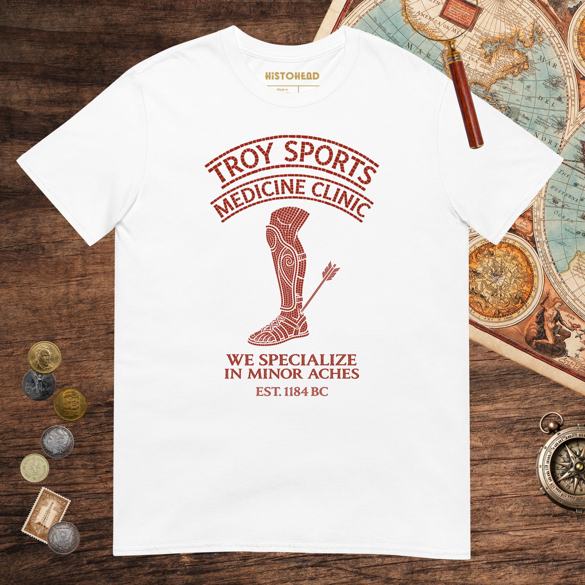 White Troy Sports Medicine Clinic Tee - history buff gift by HistoHead