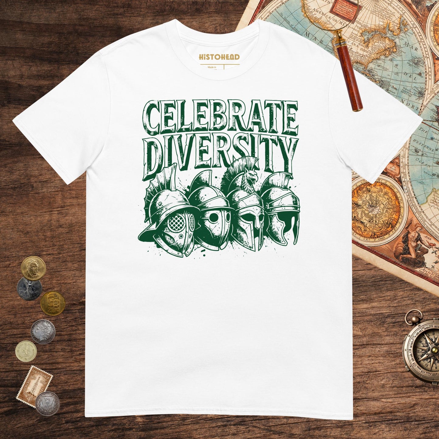 White Celebrate Diversity Gladiator Helmets Edition Tee - history buff gift by HistoHead
