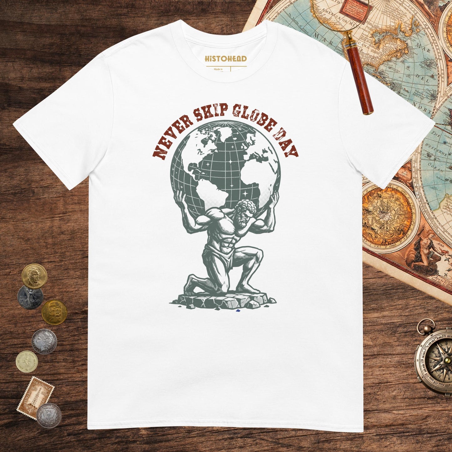 White Atlas Never Skip Globe Day Tee - history buff gift by HistoHead