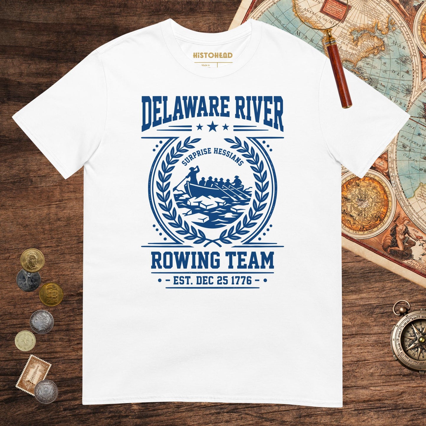 White Delaware River Rowing Team Tee - history buff gift by HistoHead