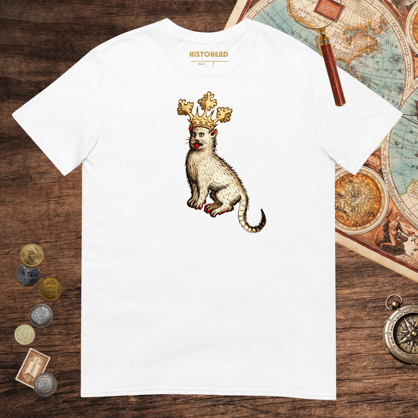 White Medieval Cat King Tee - history buff gift by HistoHead