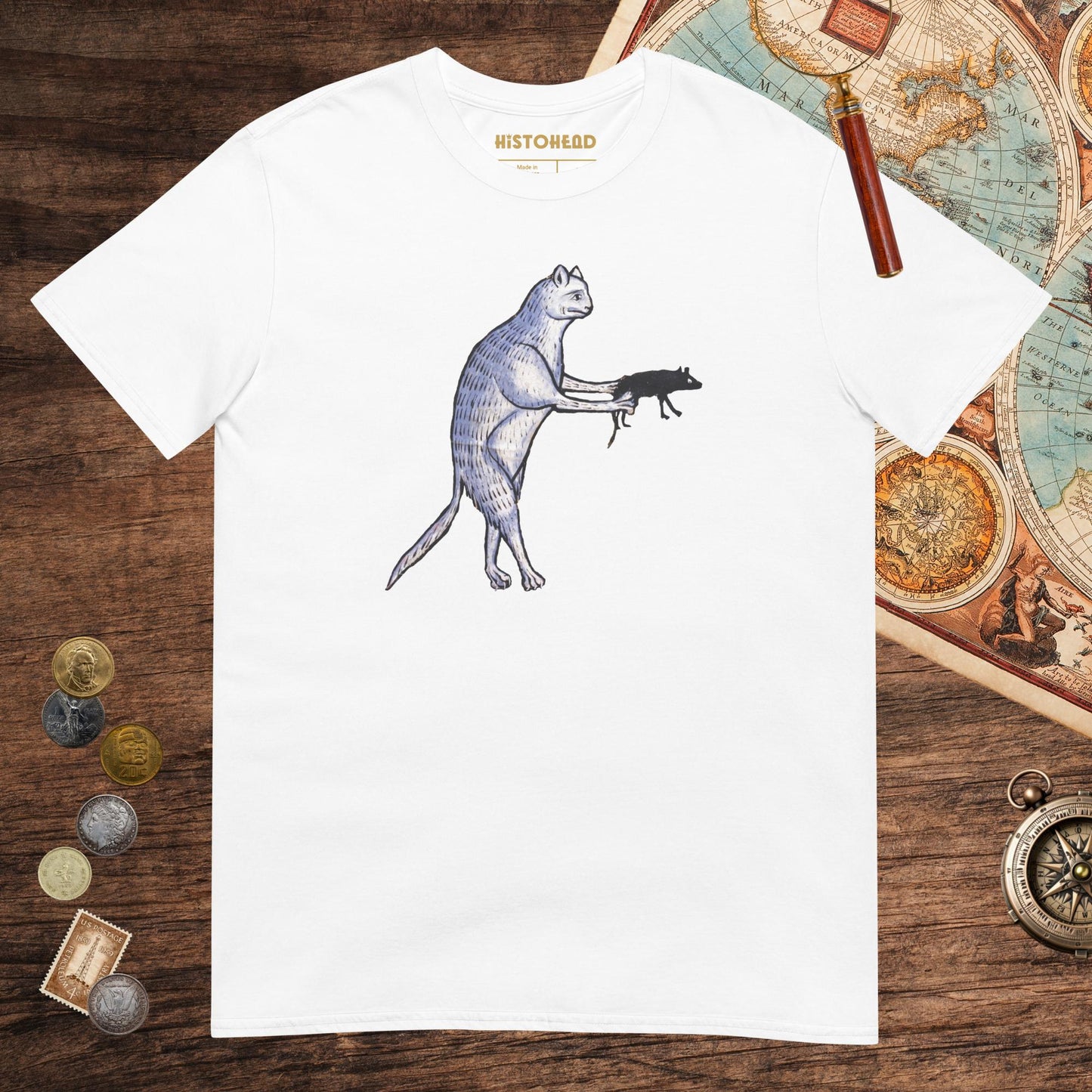 White Weird Medieval Cat's Mouse-Gun Tee - history buff gift by HistoHead