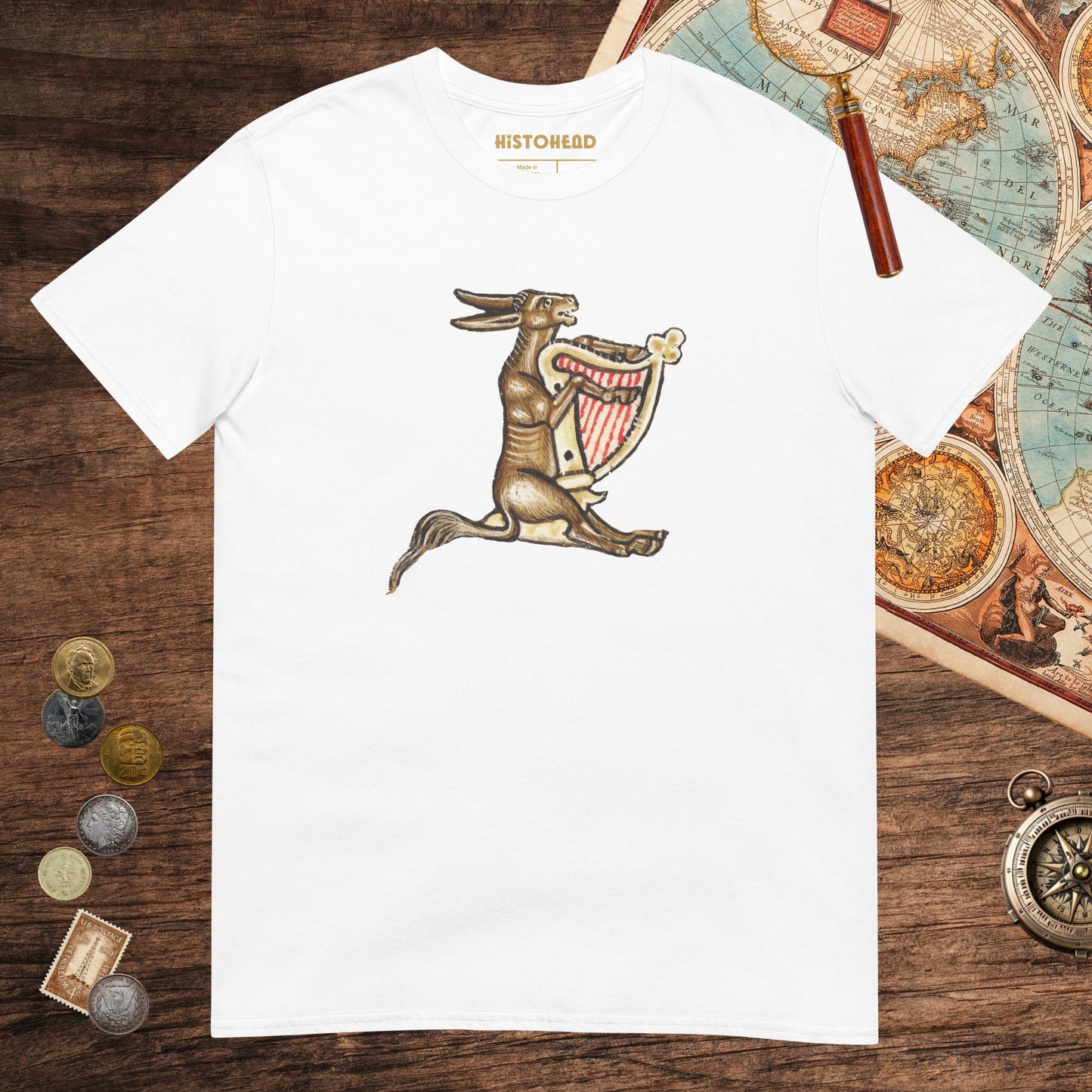 White Weird Medieval Donkey Harpist Tee - history buff gift by HistoHead