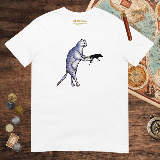 White Weird Medieval Cat's Mouse-Gun Tee - history buff gift by HistoHead