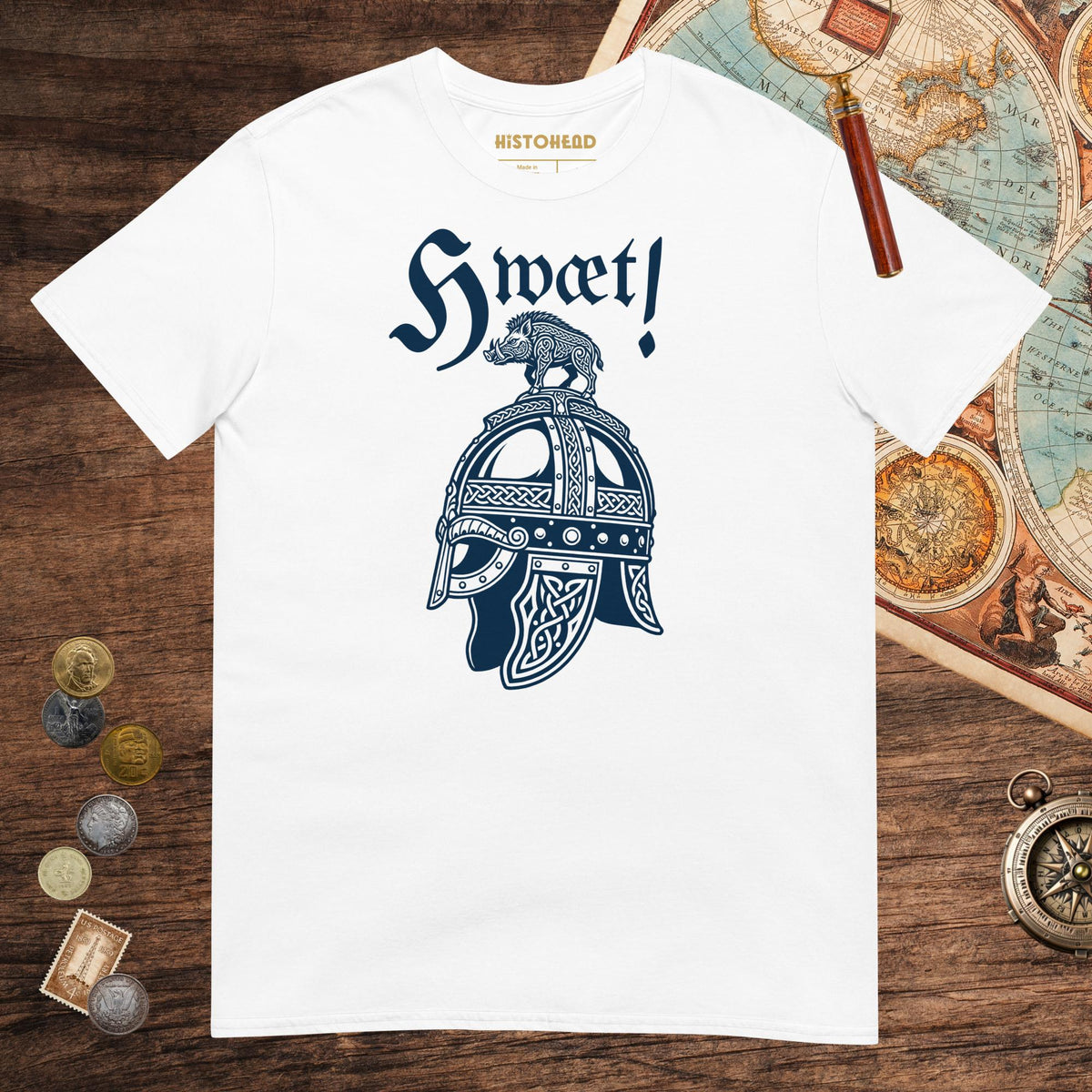 White Hwæt Boar-Crested Helmet Tee - history buff gift by HistoHead