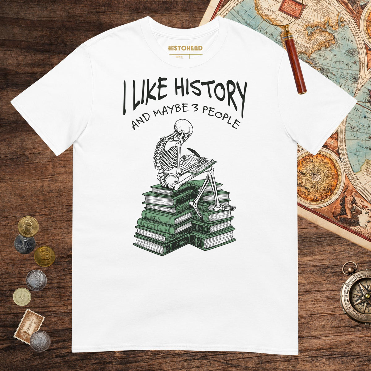 White I Like History and Maybe 3 People Tee - history buff gift by HistoHead