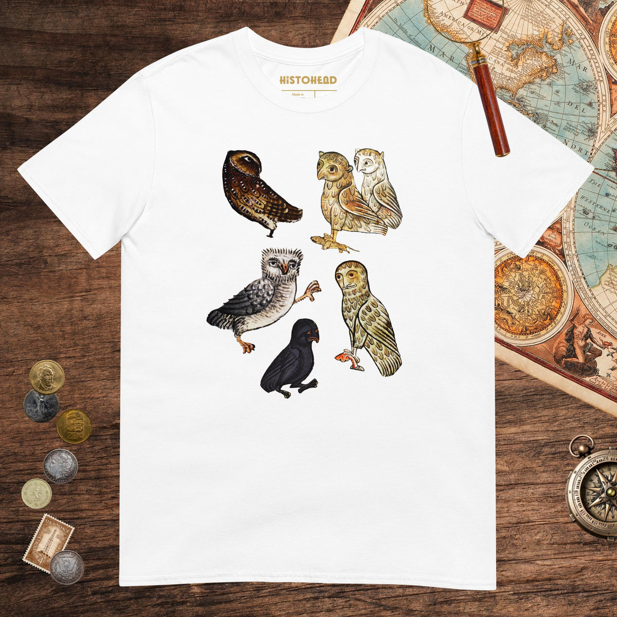 White Weird Medieval Owls Tee - history buff gift by HistoHead