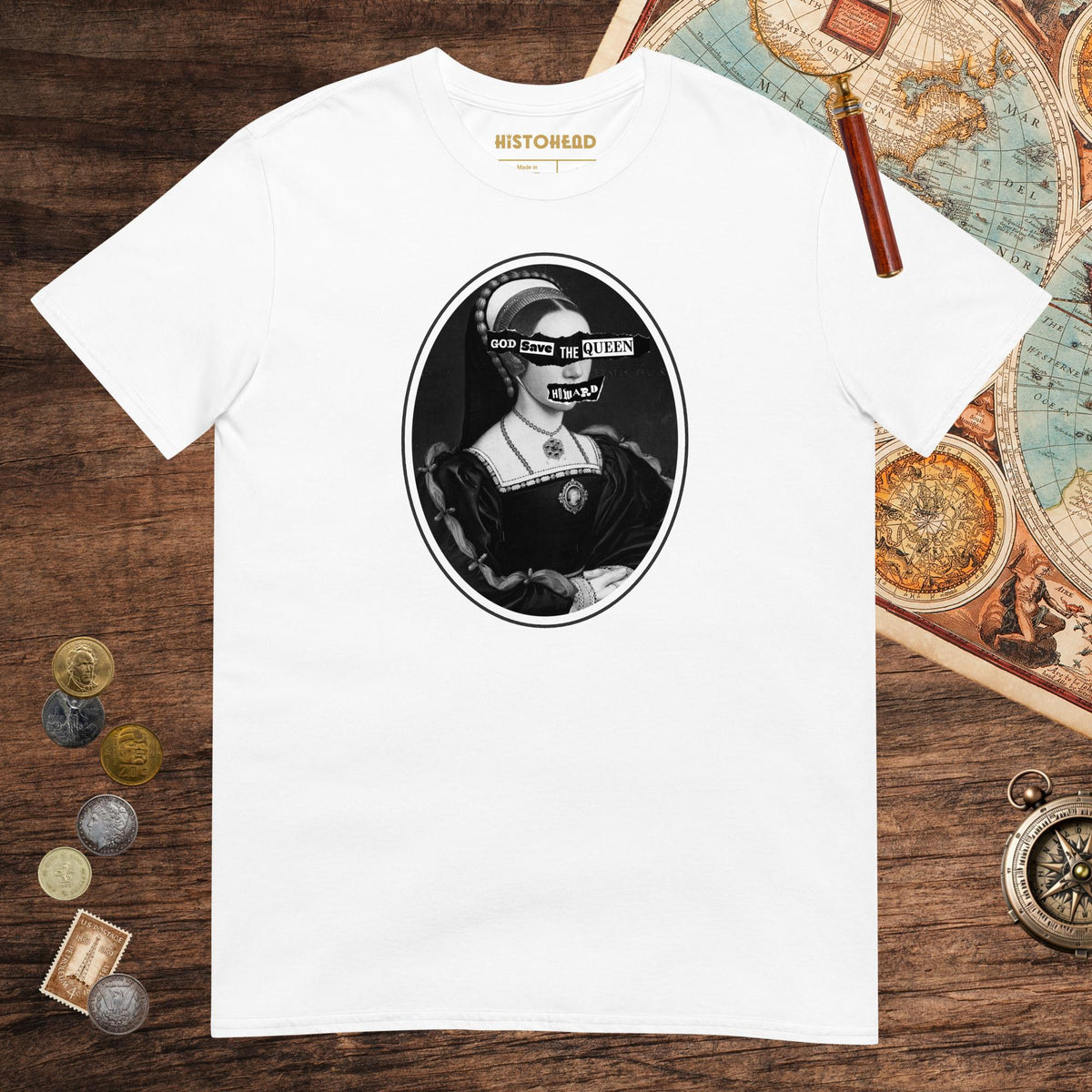 White God Save the Queen Catherine Howard Tee - history buff gift by HistoHead