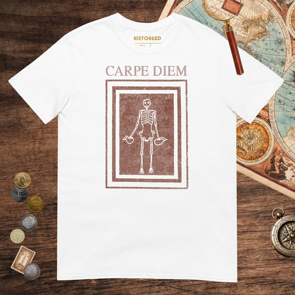 White Carpe Diem Skeleton Tee - history buff gift by HistoHead