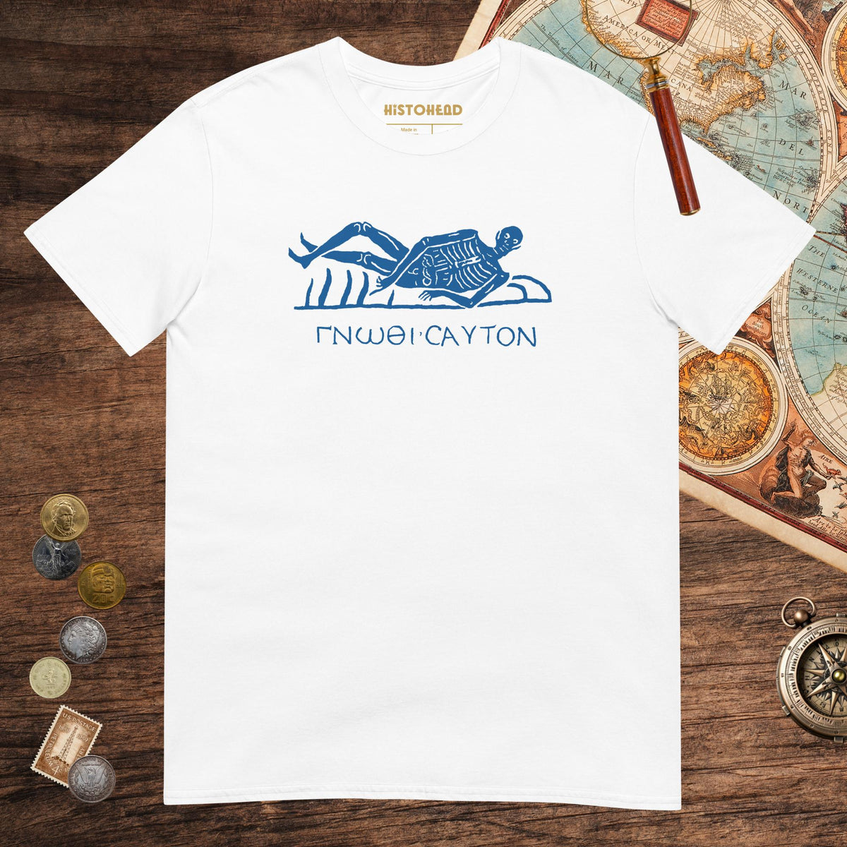 White Know Thyself Skeleton Tee - history buff gift by HistoHead