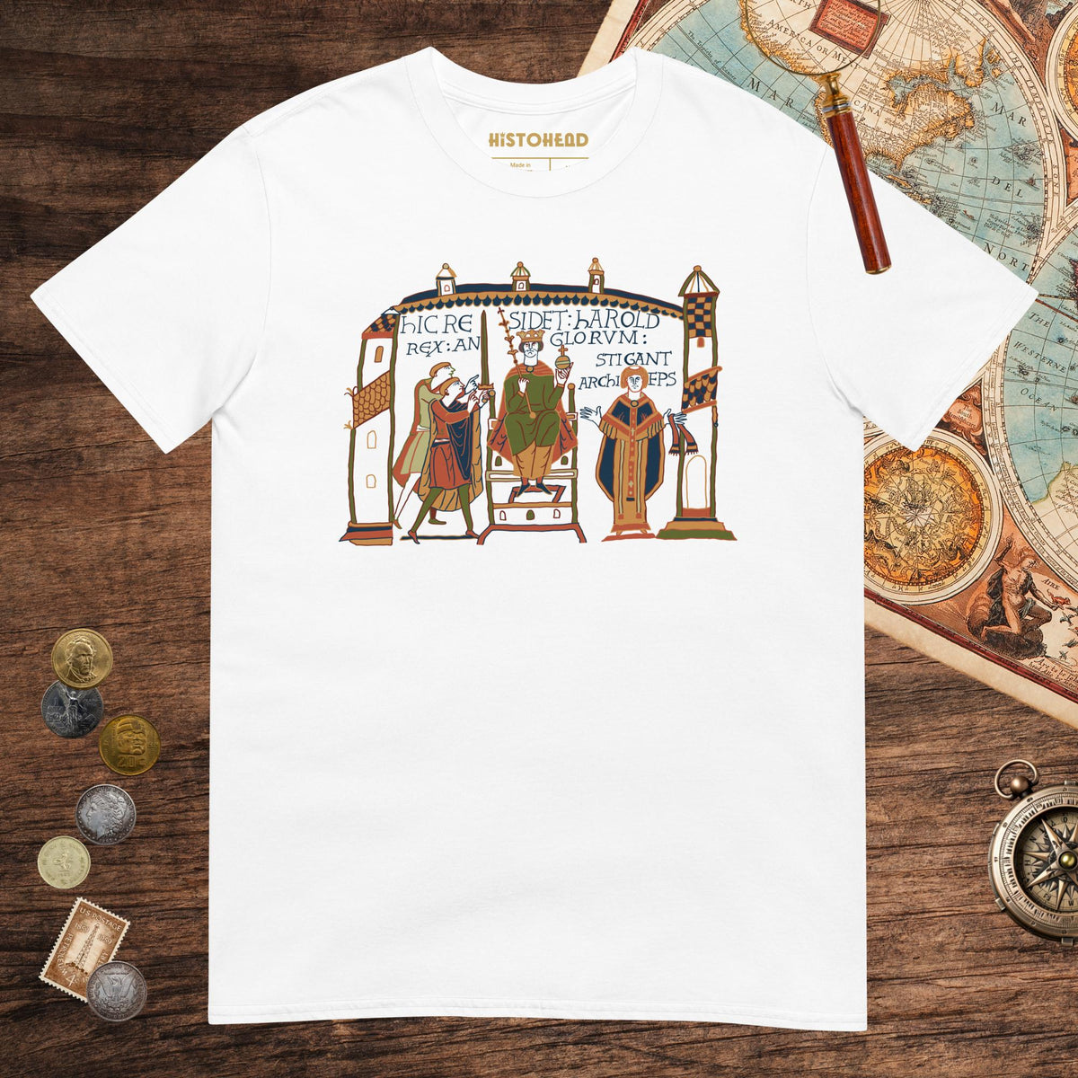 White Here Sits Throned Harold King of the English Bayeux Tapestry Tee - history buff gift by HistoHead