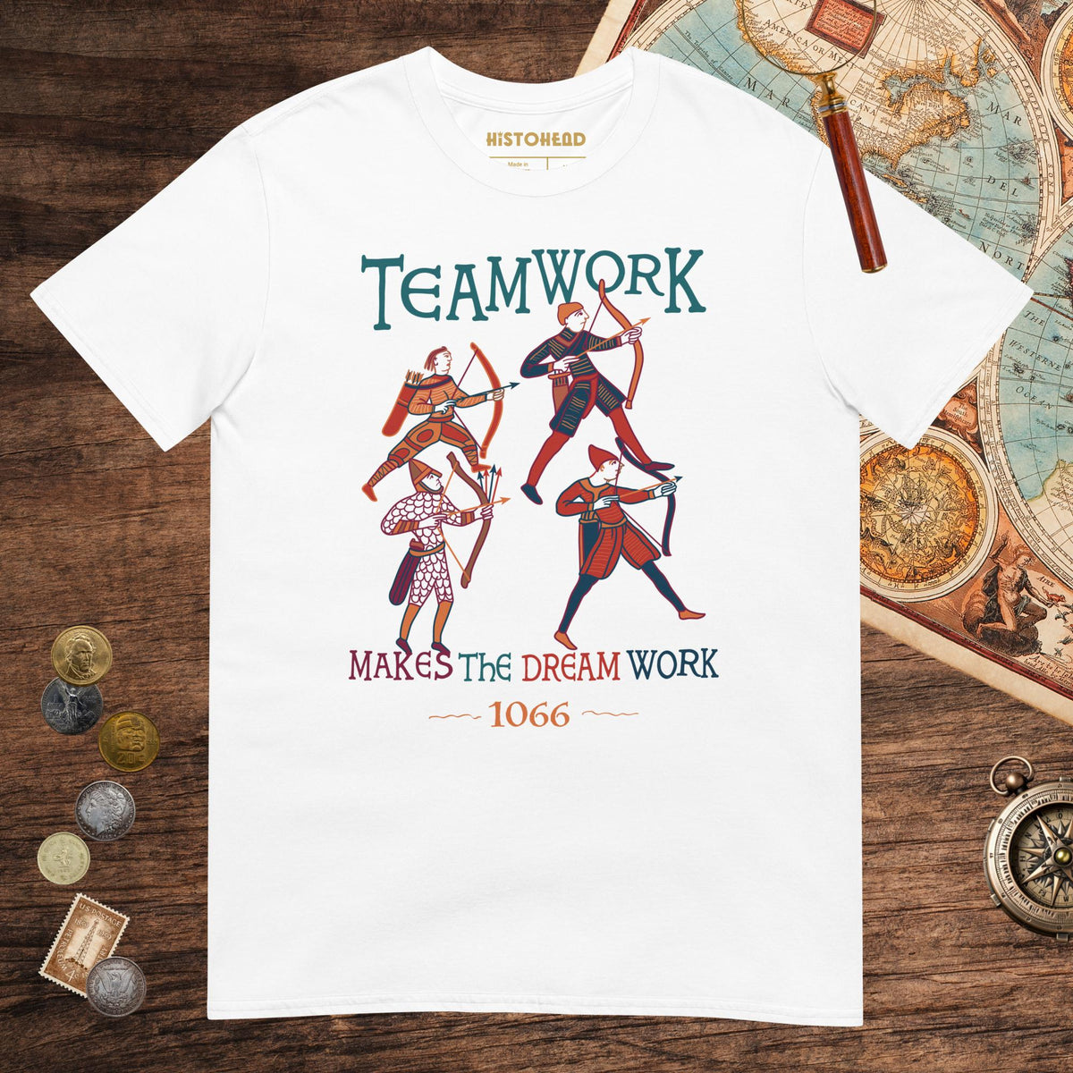 White Bayeux Tapestry Teamwork Makes the Dream Work Tee - history buff gift by HistoHead