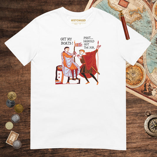 White Bayeux Tapestry Harold Got the Job Tee - history buff gift by HistoHead
