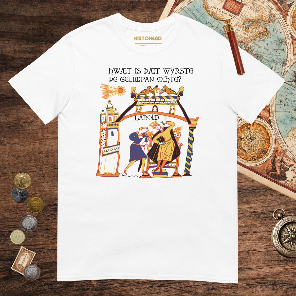 White Bayeux Tapestry What's the Worst That Could Happen in Old English Tee - history buff gift by HistoHead