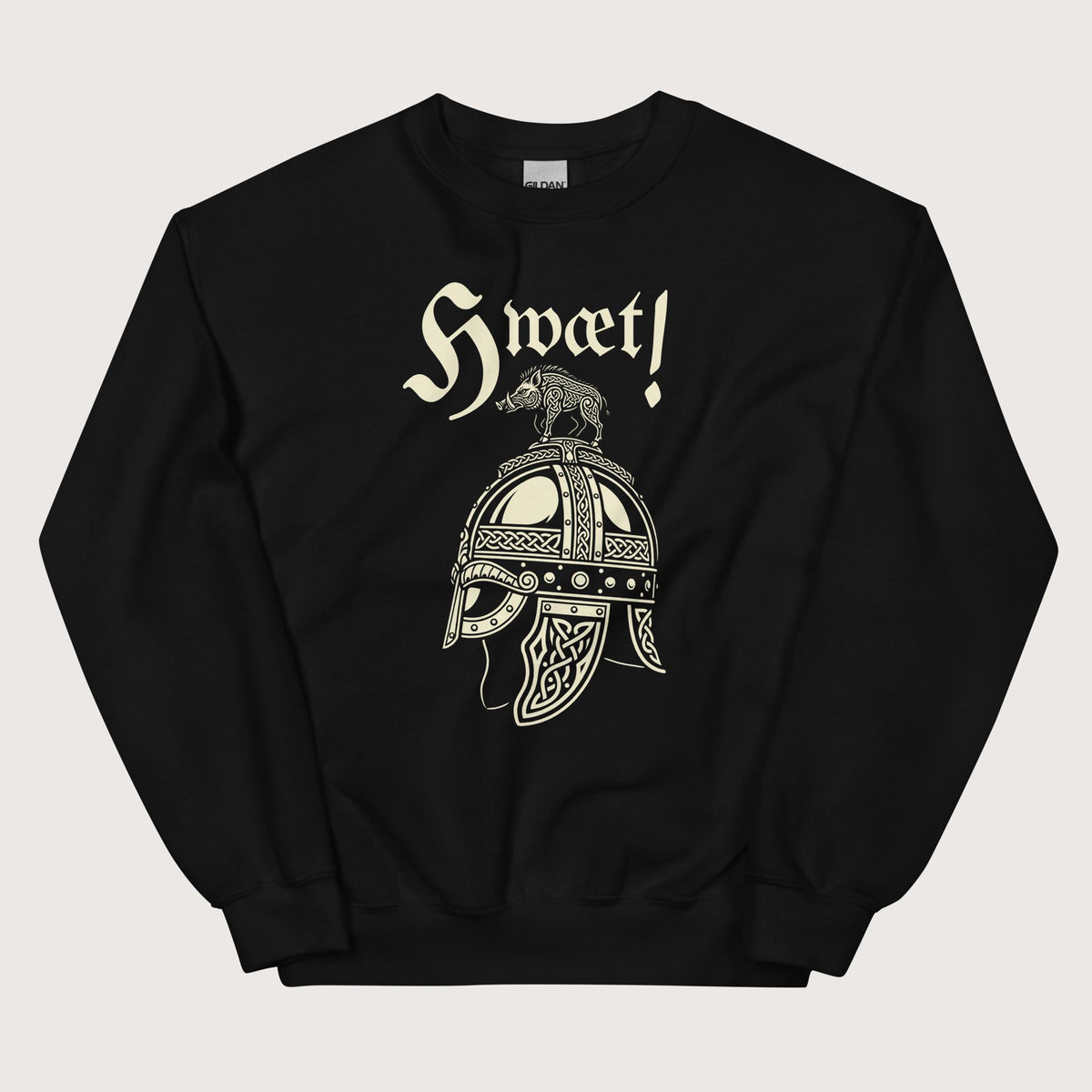 Black Hwæt Boar-Crested Helmet Sweatshirt - history buff gift by HistoHead