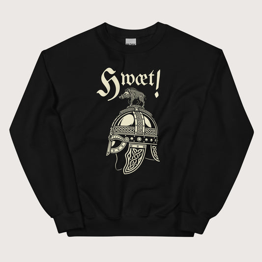 Black Hwæt Boar-Crested Helmet Sweatshirt - history buff gift by HistoHead