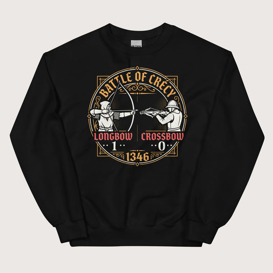 Black Battle of Crécy Longbow vs Crossbow Sweatshirt - history buff gift by HistoHead