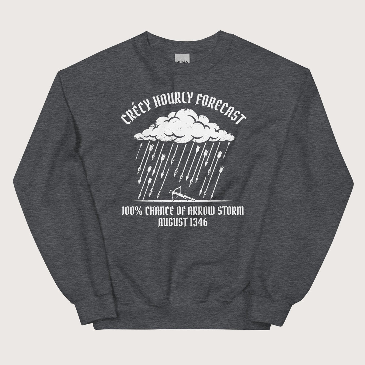Dark Heather Crecy Arrow Storm Forecast Sweatshirt - history buff gift by HistoHead