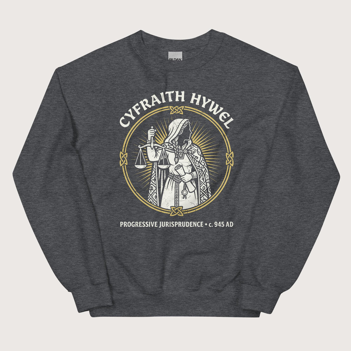 Dark Heather Cyfraith Hywel Progressive Jurisprudence Sweatshirt - history buff gift by HistoHead
