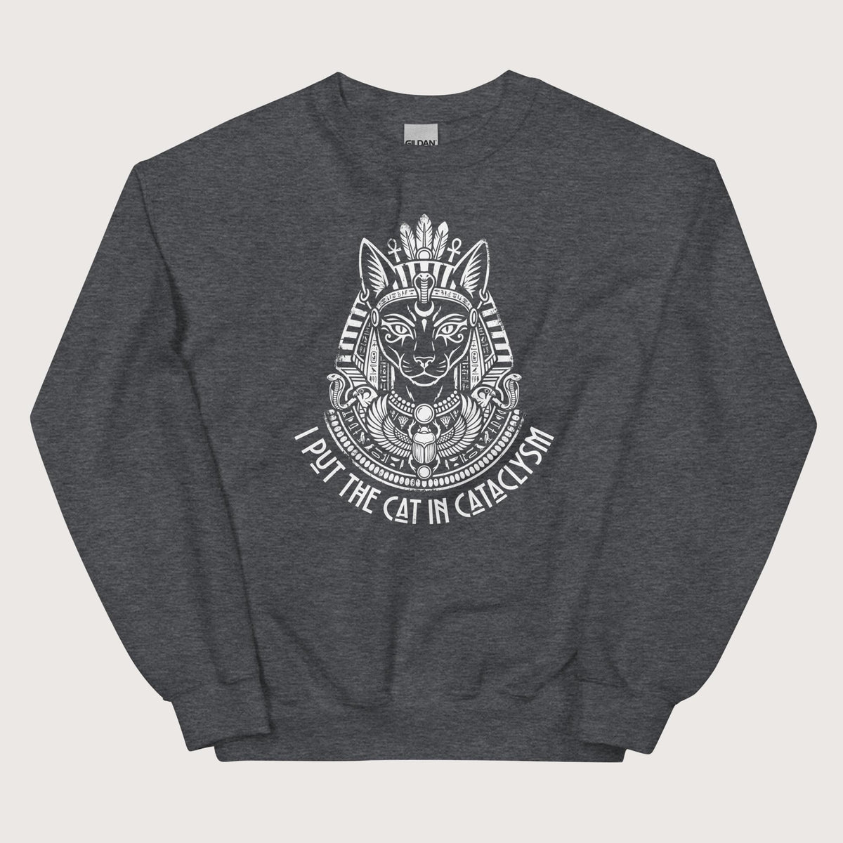 Dark Heather Bastet I Put the Cat in Cataclysm Sweatshirt - history buff gift by HistoHead