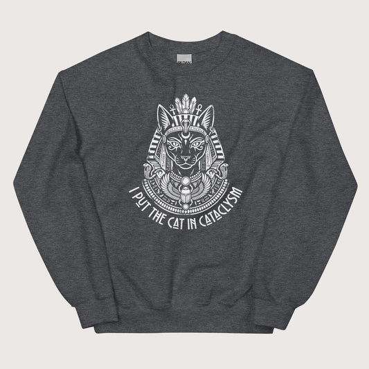 Dark Heather Bastet I Put the Cat in Cataclysm Sweatshirt - history buff gift by HistoHead