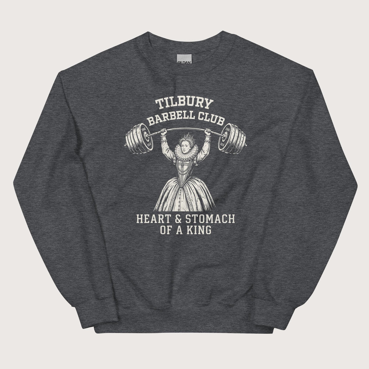 Dark Heather Elizabeth I Tilbury Barbell Club Sweatshirt - history buff gift by HistoHead
