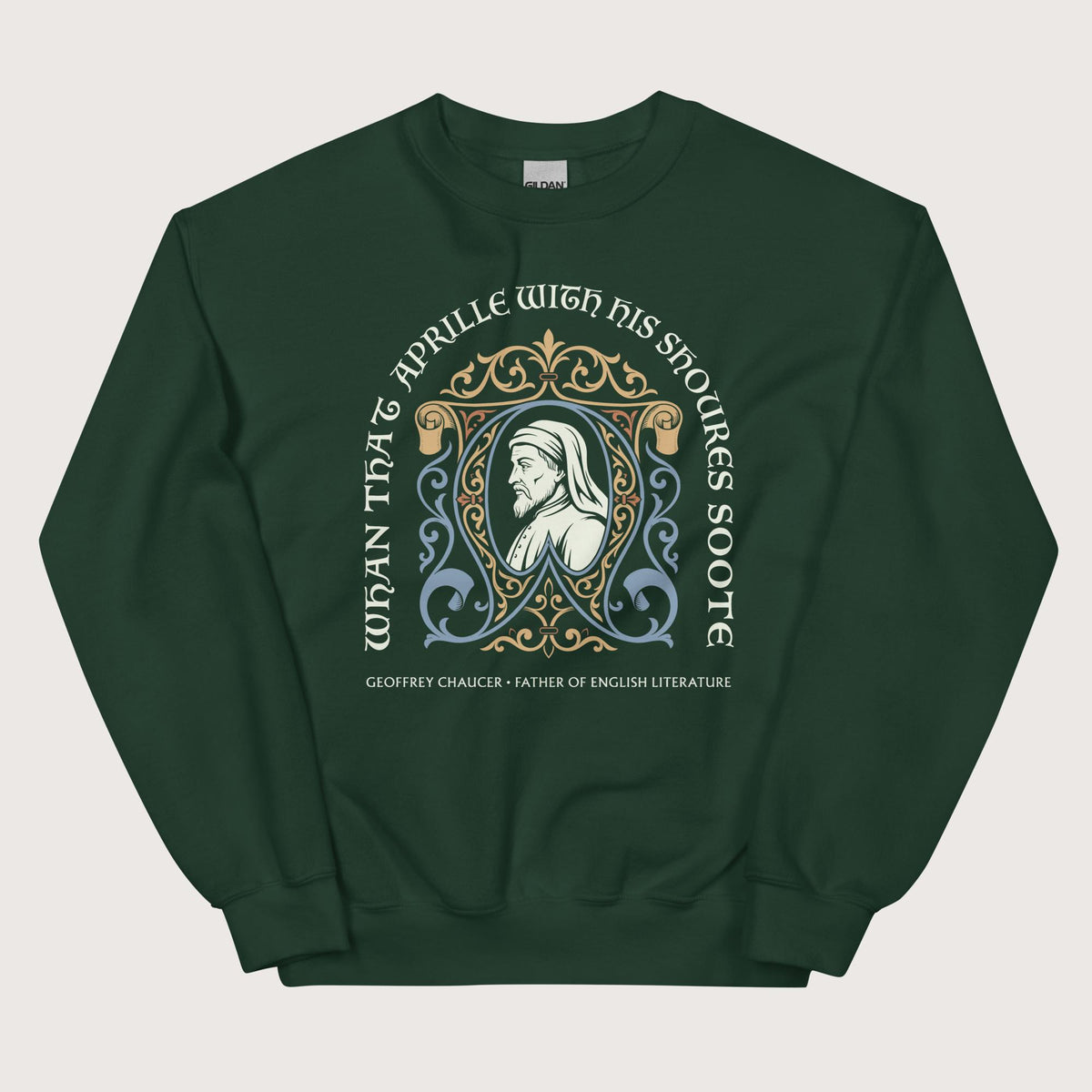 Forest Green Geoffrey Chaucer Sweatshirt - history buff gift by HistoHead