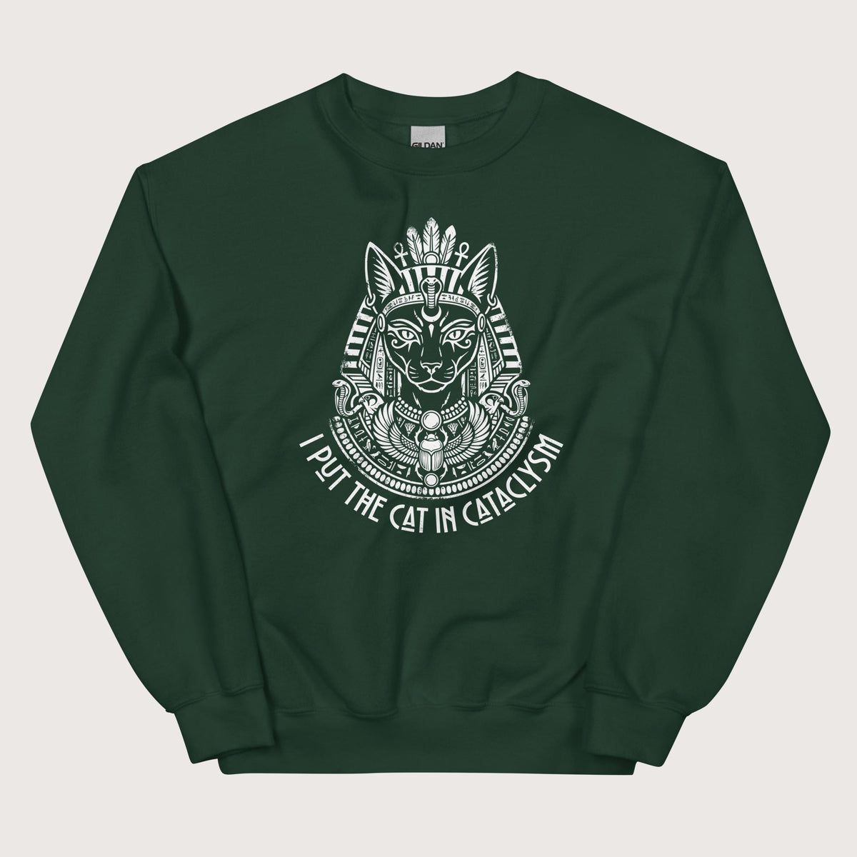 Forest Green Bastet I Put the Cat in Cataclysm Sweatshirt - history buff gift by HistoHead