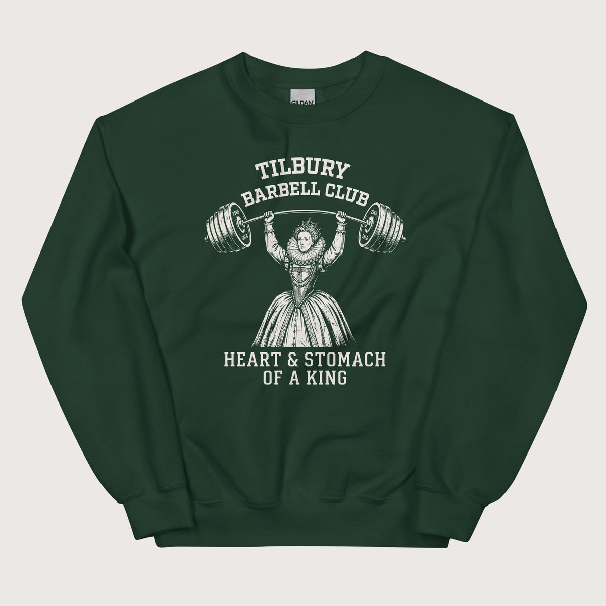 Forest Green Elizabeth I Tilbury Barbell Club Sweatshirt - history buff gift by HistoHead