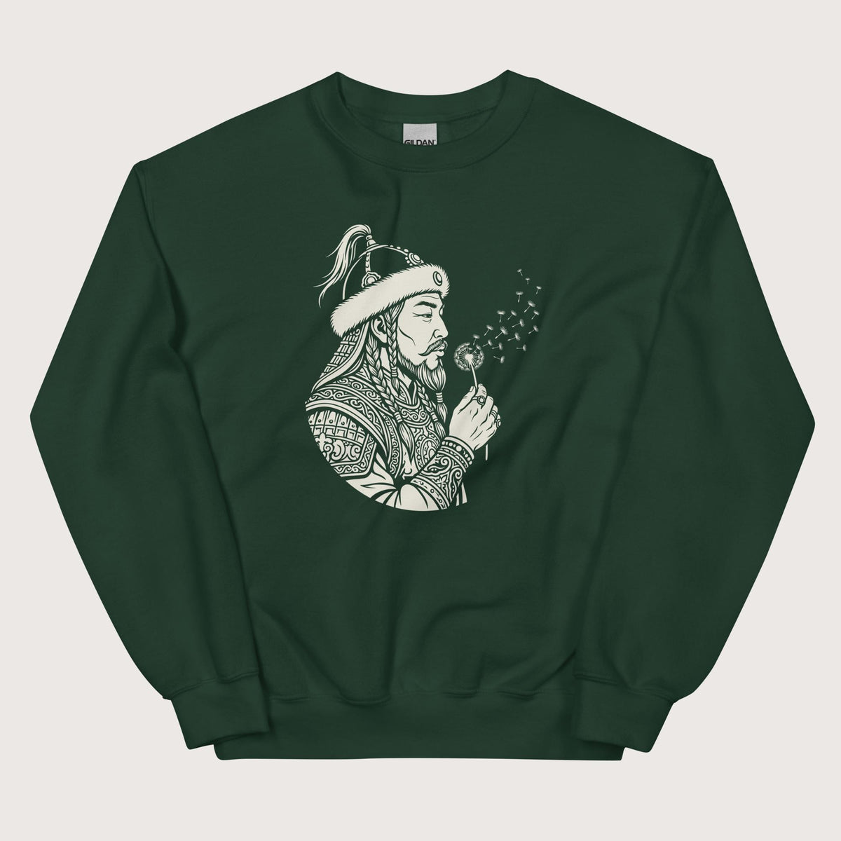 Forest Green Genghis Khan Blowing Wishes Sweatshirt - history buff gift by HistoHead
