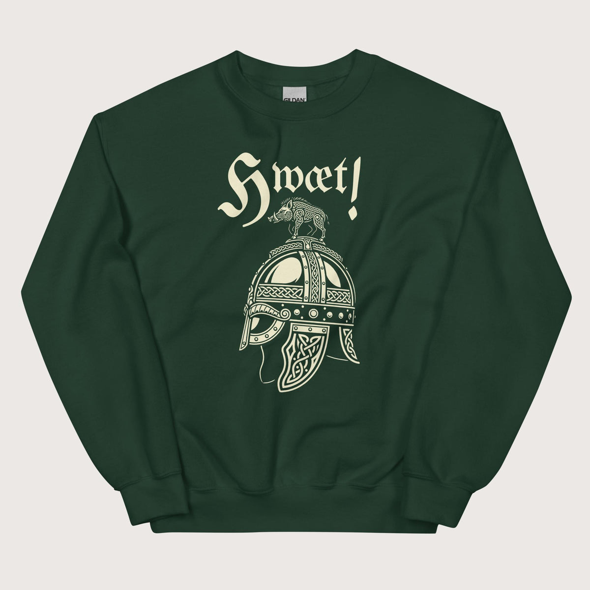 Forest Green Hwæt Boar-Crested Helmet Sweatshirt - history buff gift by HistoHead