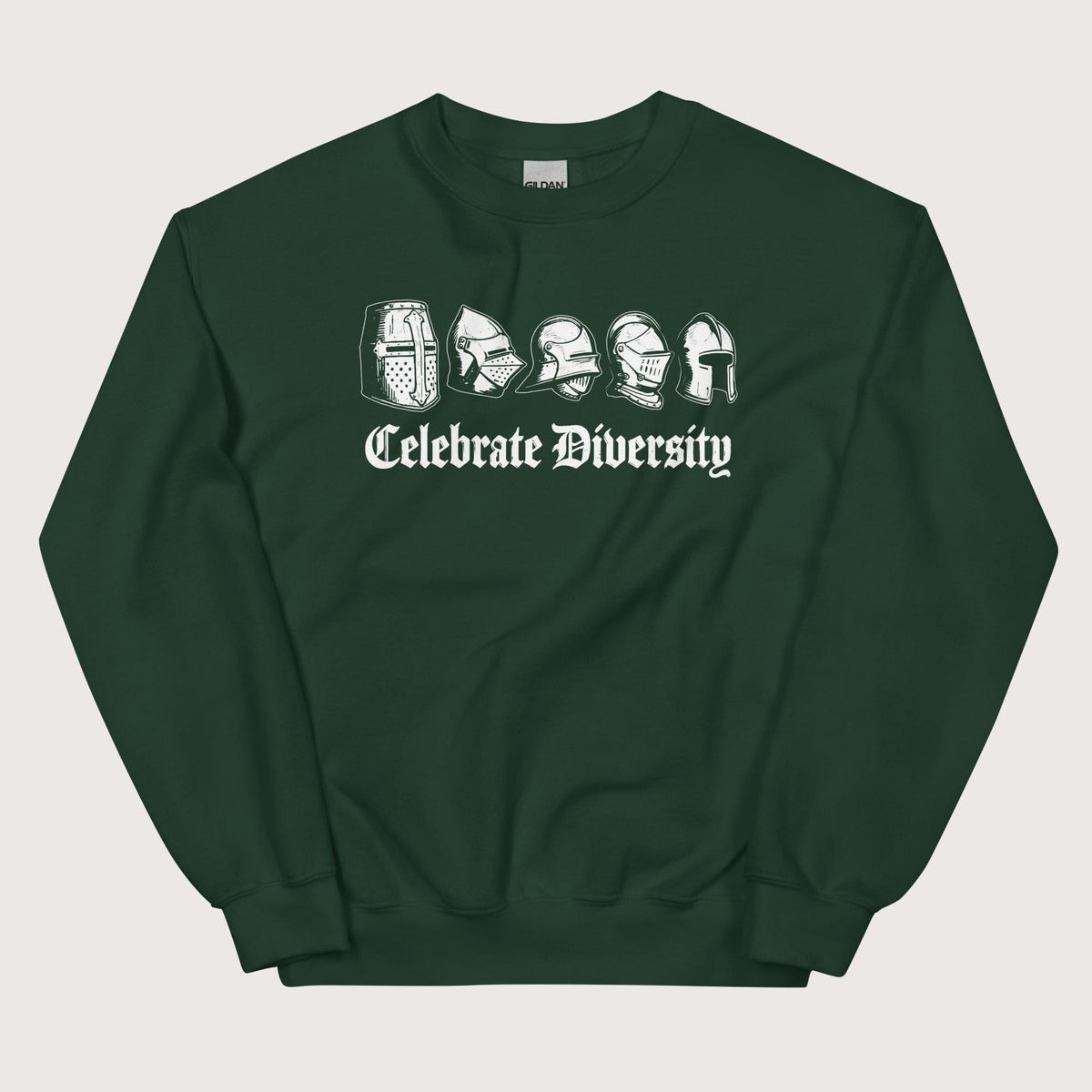 Forest Green Celebrate Diversity Medieval Helmets Edition Sweatshirt - history buff gift by HistoHead