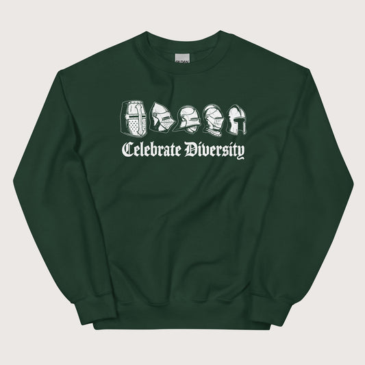 Forest Green Celebrate Diversity Medieval Helmets Edition Sweatshirt - history buff gift by HistoHead