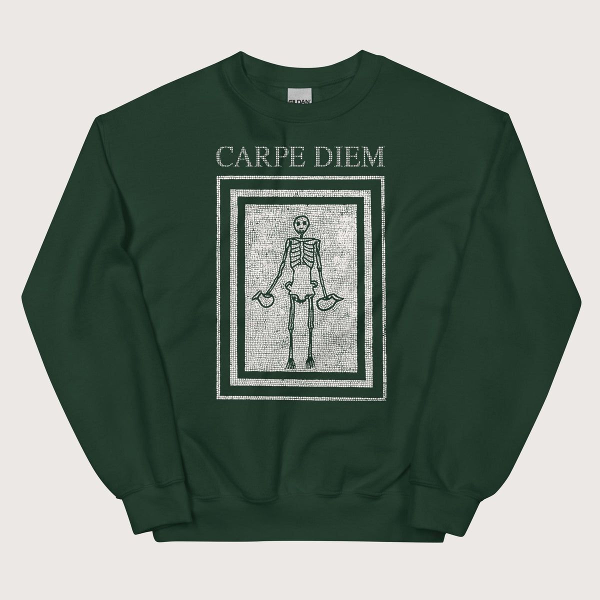 Forest Green Carpe Diem Skeleton Sweatshirt - history buff gift by HistoHead
