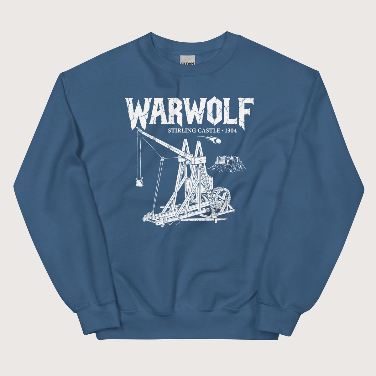 Indigo Blue Warwolf Trebuchet Sweatshirt - history buff gift by HistoHead