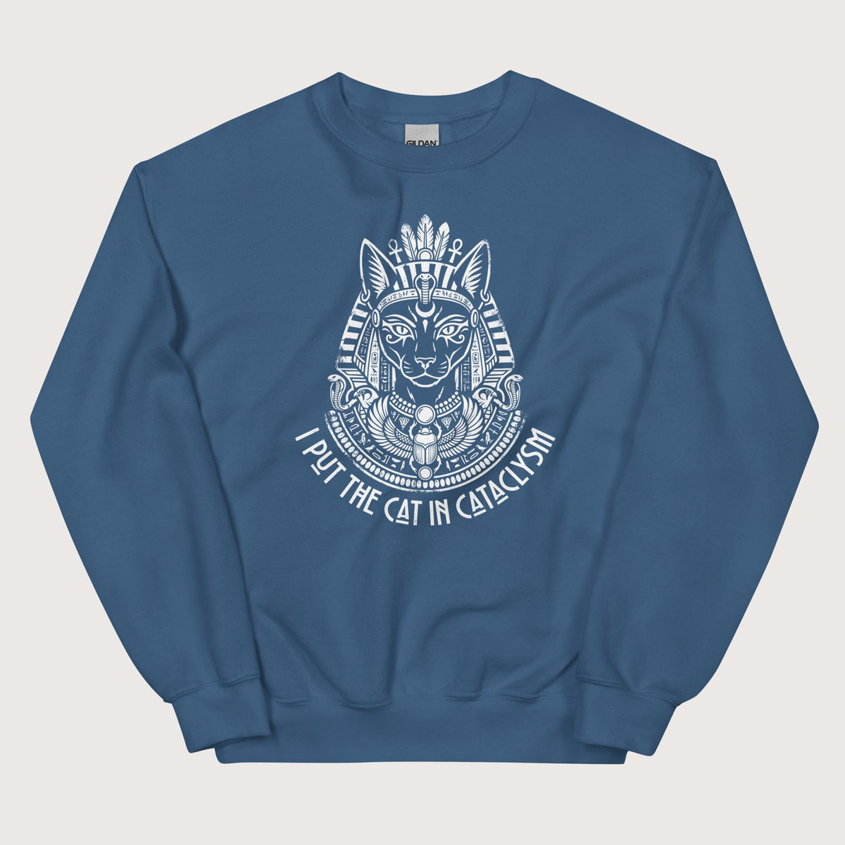 Indigo Blue Bastet I Put the Cat in Cataclysm Sweatshirt - history buff gift by HistoHead