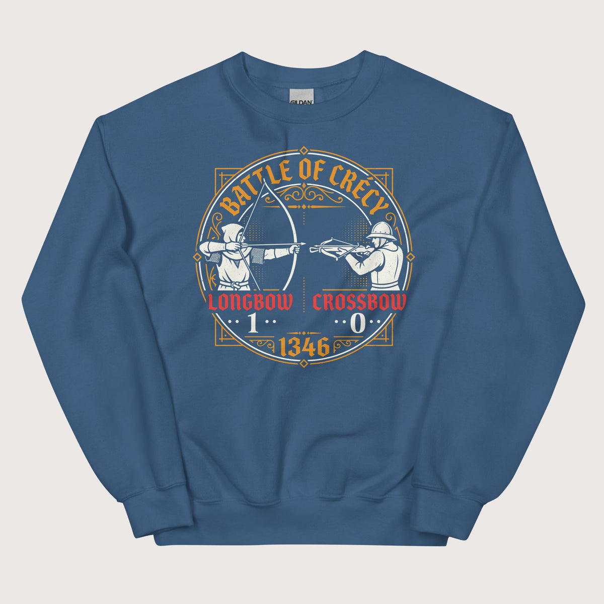 Indigo Blue Battle of Crécy Longbow vs Crossbow Sweatshirt - history buff gift by HistoHead
