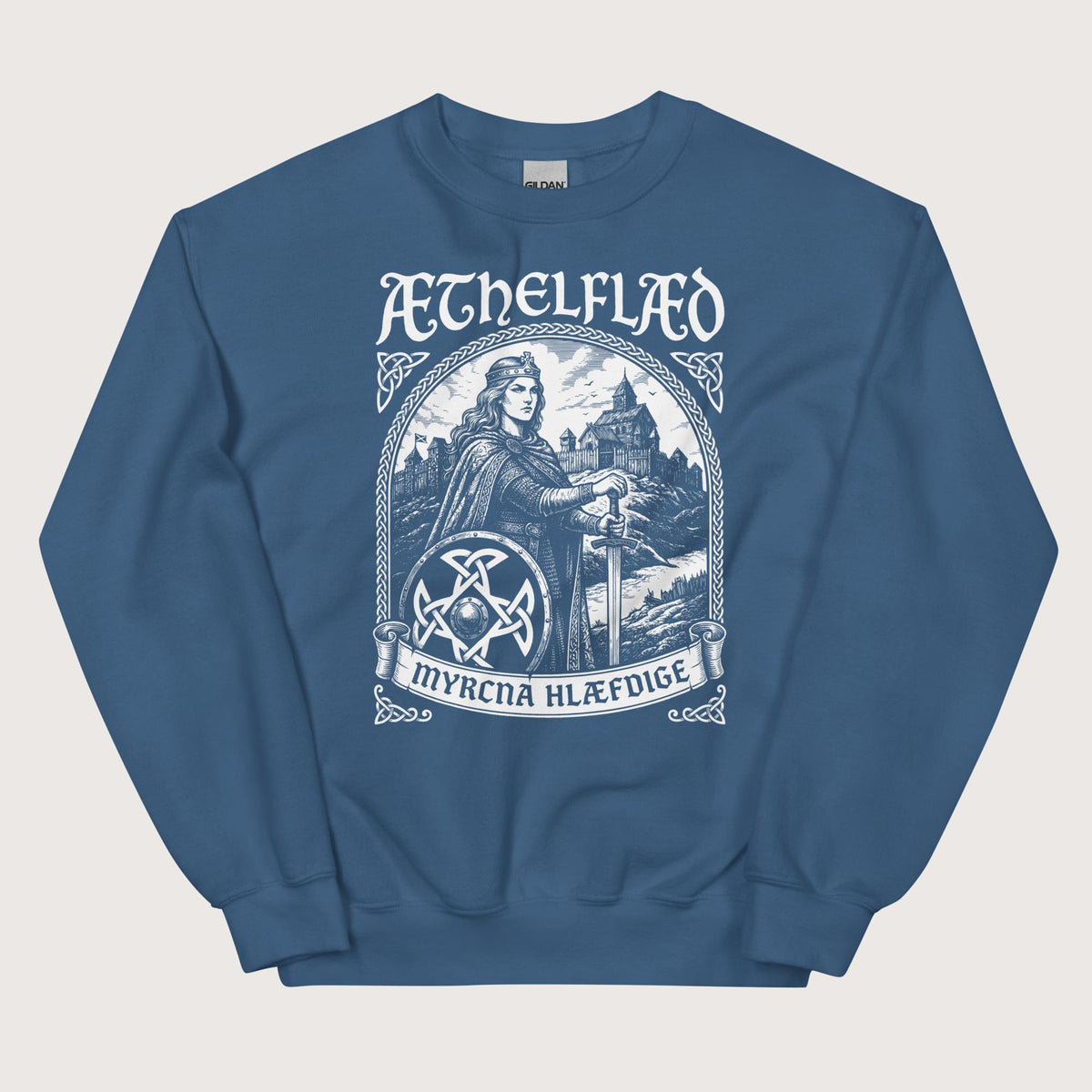 Indigo Blue Aethelflaed Lady of the Mercians Old English Sweatshirt - history buff gift by HistoHead
