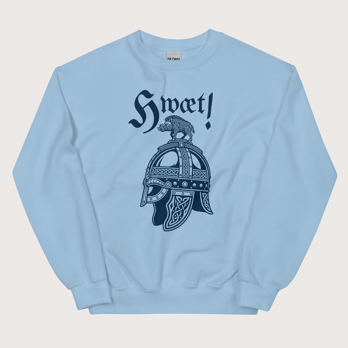 Light Blue Hwæt Boar-Crested Helmet Sweatshirt - history buff gift by HistoHead