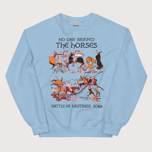 Light Blue Bayeux Tapestry No One Briefed the Horses Sweatshirt - history buff gift by HistoHead
