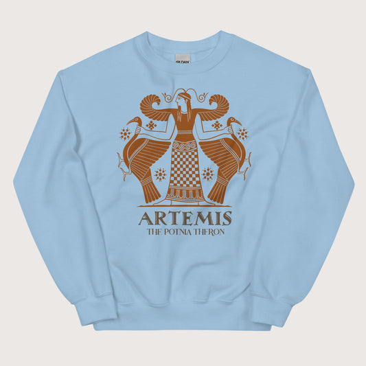 Light Blue Artemis the Potnia Theron Pottery Art Sweatshirt - history buff gift by HistoHead