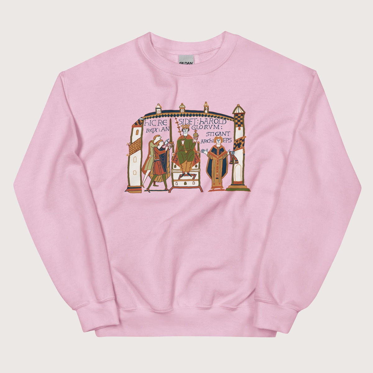 Light Pink Here Sits Throned Harold King of the English Bayeux Tapestry Sweatshirt - history buff gift by HistoHead