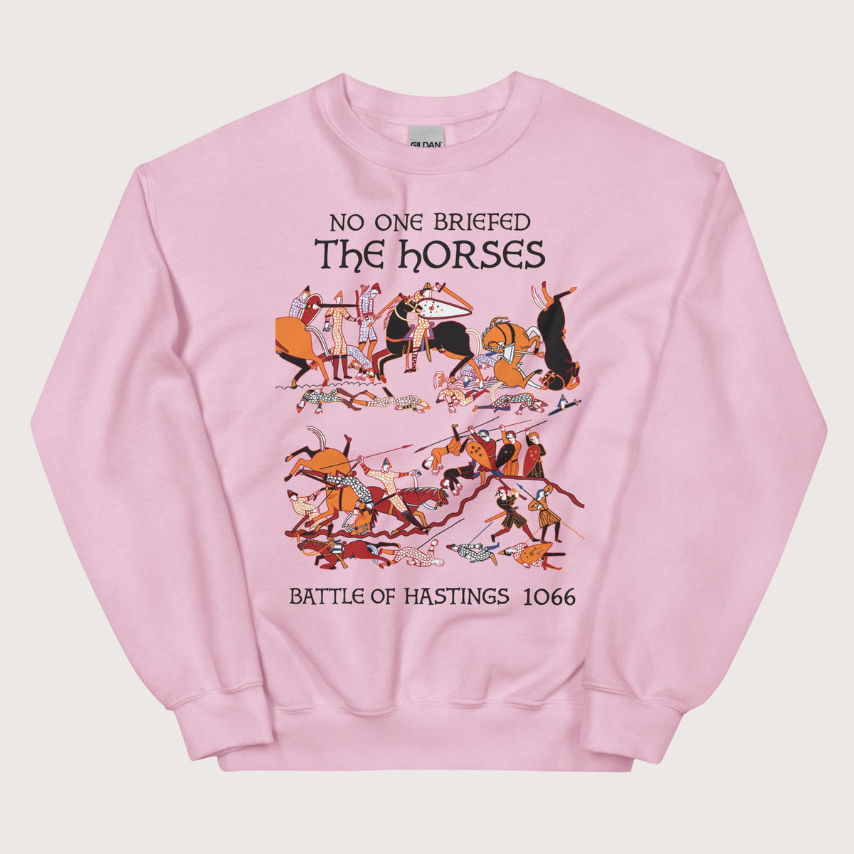 Light Pink Bayeux Tapestry No One Briefed the Horses Sweatshirt - history buff gift by HistoHead