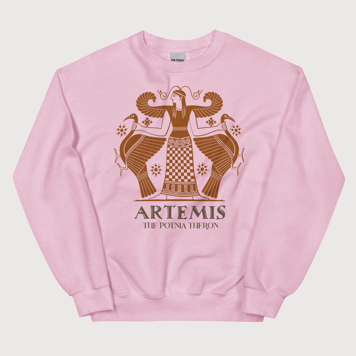 Light Pink Artemis the Potnia Theron Pottery Art Sweatshirt - history buff gift by HistoHead