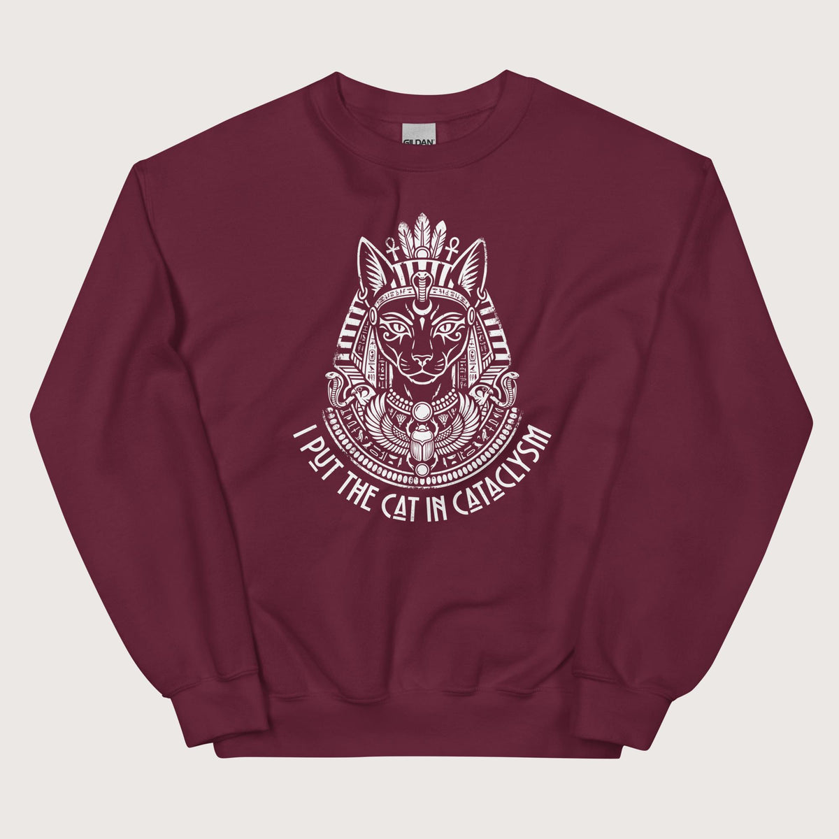 Maroon Bastet I Put the Cat in Cataclysm Sweatshirt - history buff gift by HistoHead
